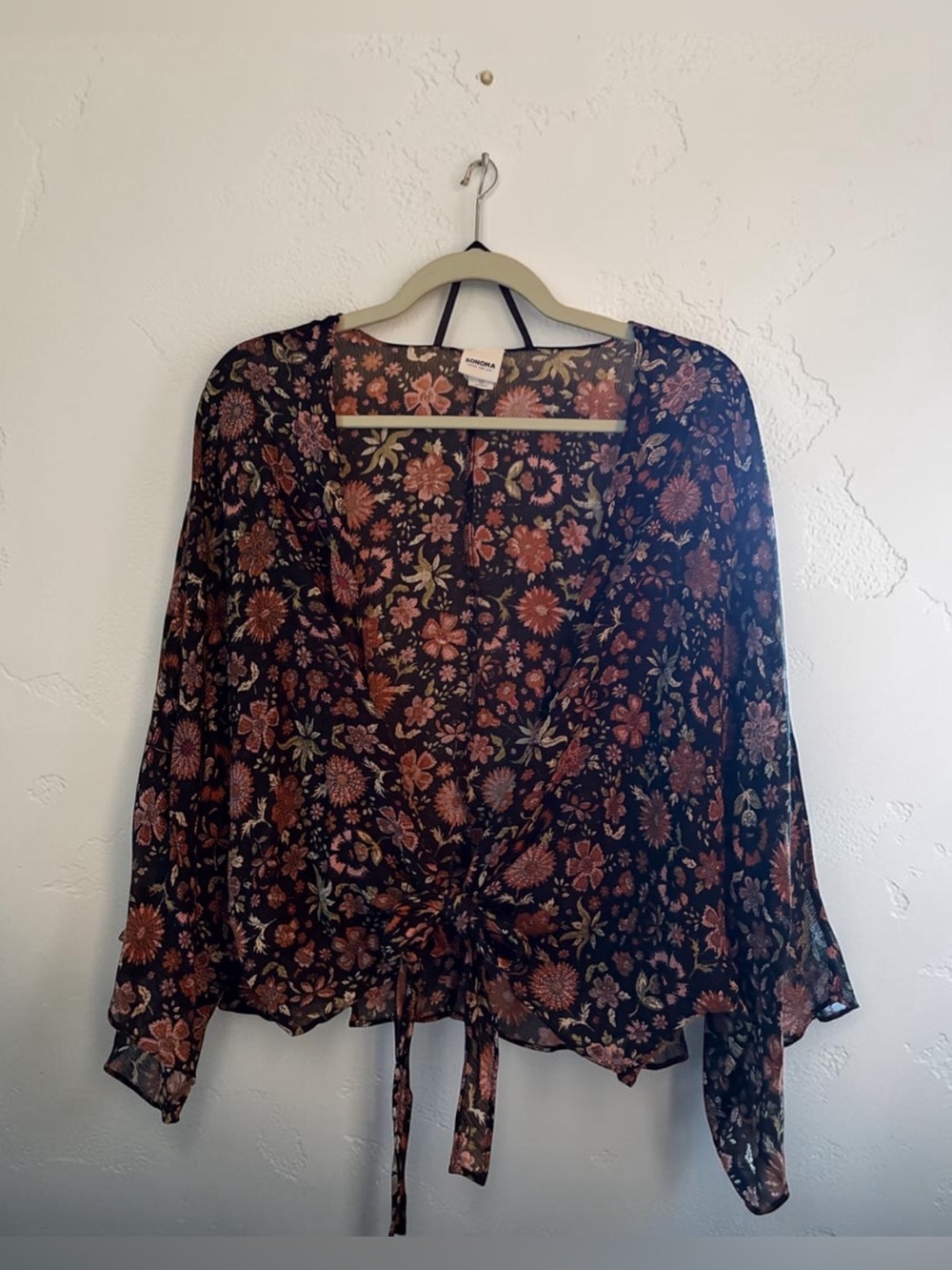 Sonoma Black Floral Tie Front Kimono Blouse Boho One Size